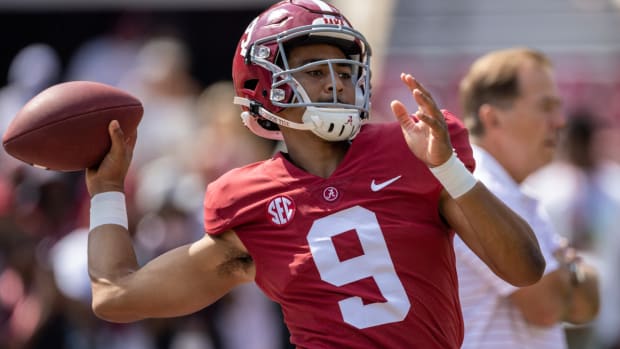 Alabama quarterback Bryce Young (9) warms up before an NCAA college football game against Louisiana-Monroe, Saturday, Sept. 17, 2022, in Tuscaloosa, Ala. (AP Photo/Vasha Hunt)